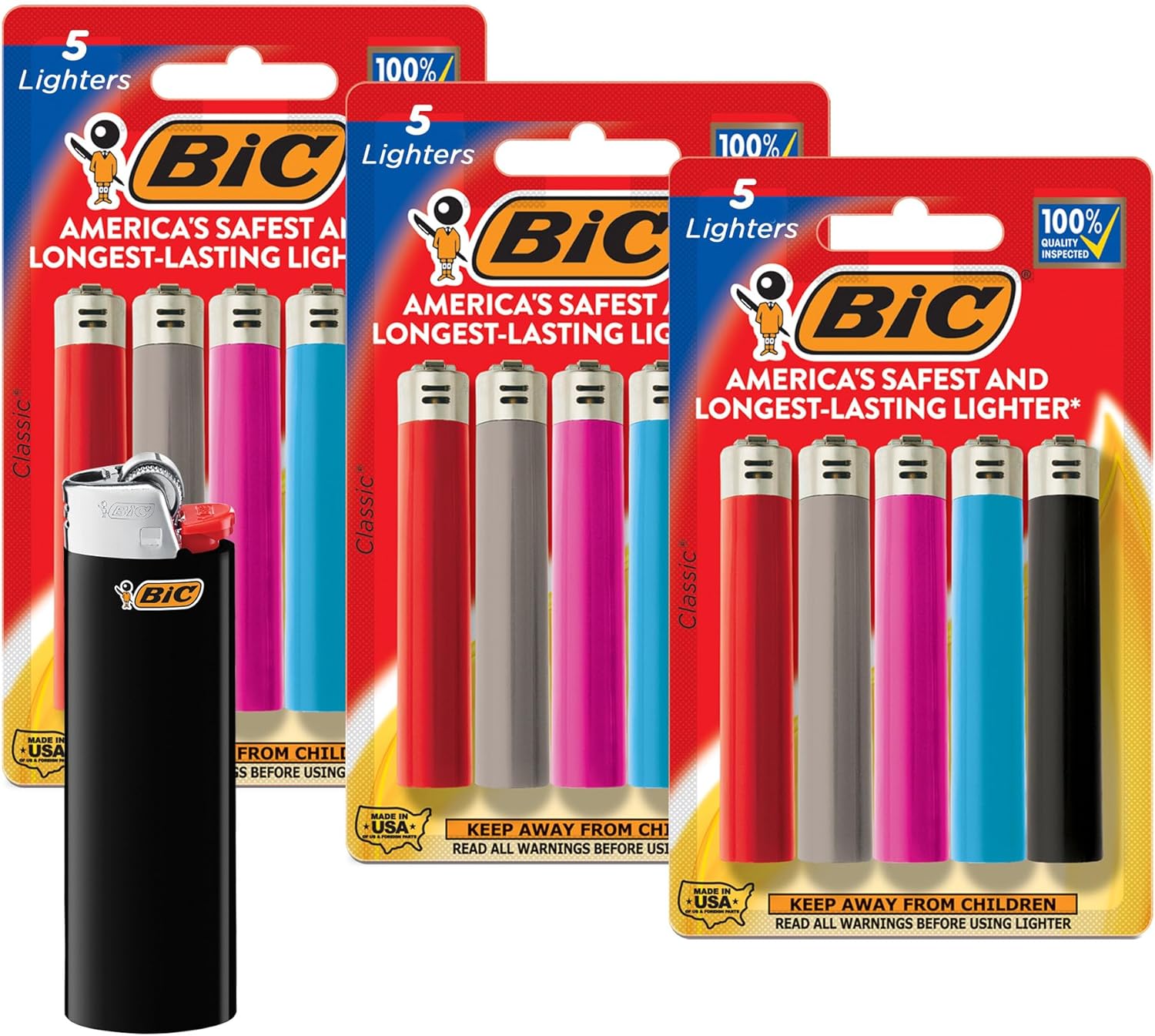 BIC Classic Lighter, Assorted Colors, 5 Count (Pack of 3)