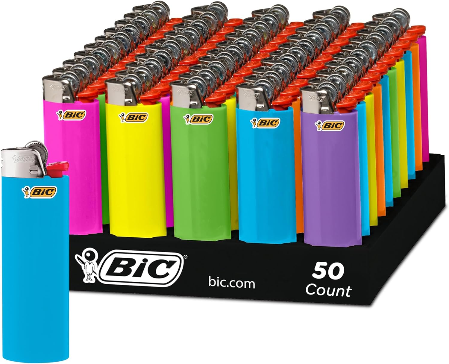 BIC Classic Lighters, Pocket Lighter Style, Fashion Assorted Colors, 50 Count Tray Disposable Lighters