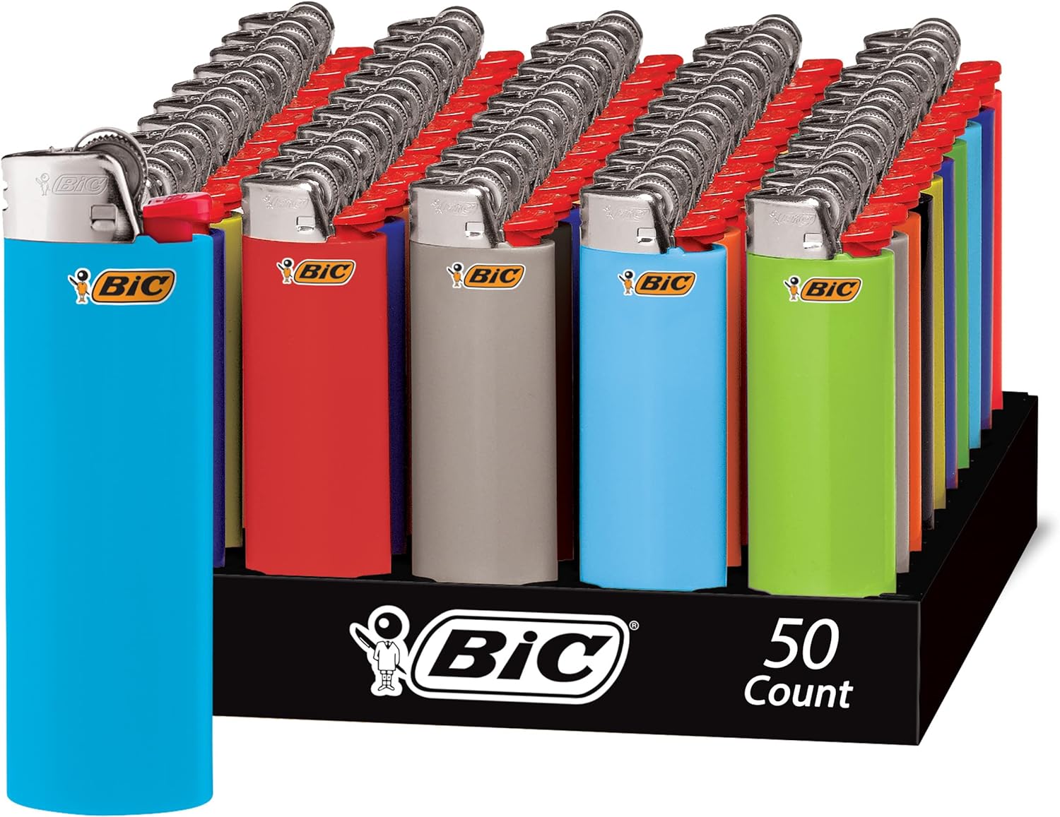 BIC Classic Lighter, Assorted Colors, 50-Count Tray, Up to 2x the Lights (Assortment of Colors May Vary)
