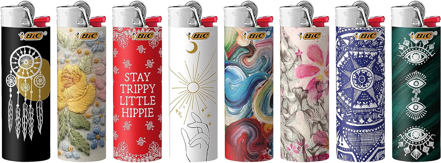 BIC Pocket Lighter, Special Edition Bohemian Collection, Assorted Unique Lighter Designs, 8 Count Pack of Lighters