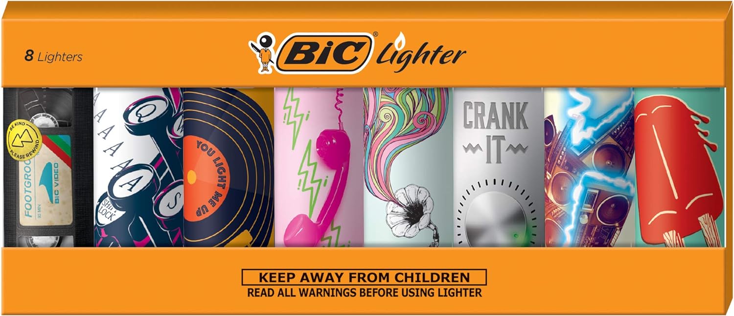 BIC Maxi Pocket Lighter, Special Edition Nostalgia Collection, Assorted Unique Lighter Designs, 8 Count Pack of Lighters