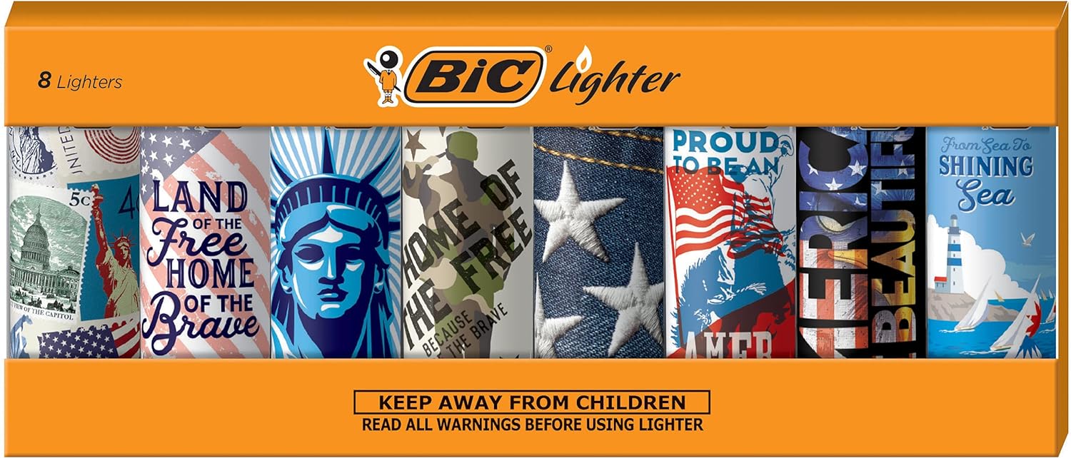 BIC Pocket Lighter, Special Edition Americana Collection, Assorted Unique Lighter Designs, 8 Count Pack of Lighters