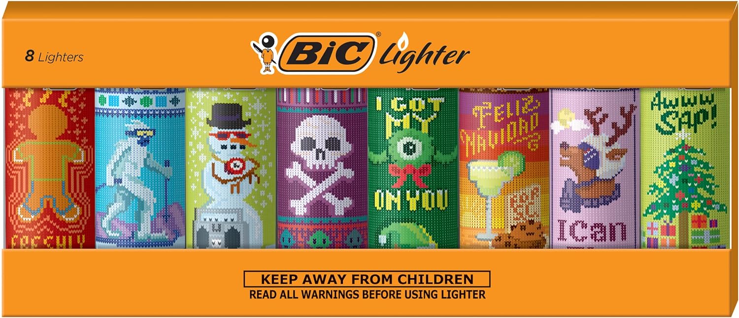 BIC Pocket Lighter, Special Edition Holiday Collection, Assorted Unique Lighter Designs, 8 Count Pack of Lighters, Perfect Stocking Stuffer