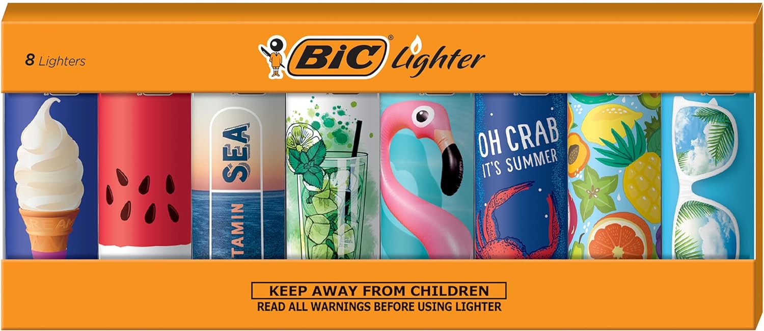 BIC Maxi Pocket Lighter, Special Edition Vacation Collection, Assorted Unique Lighter Designs, 8 Count Pack of Lighters