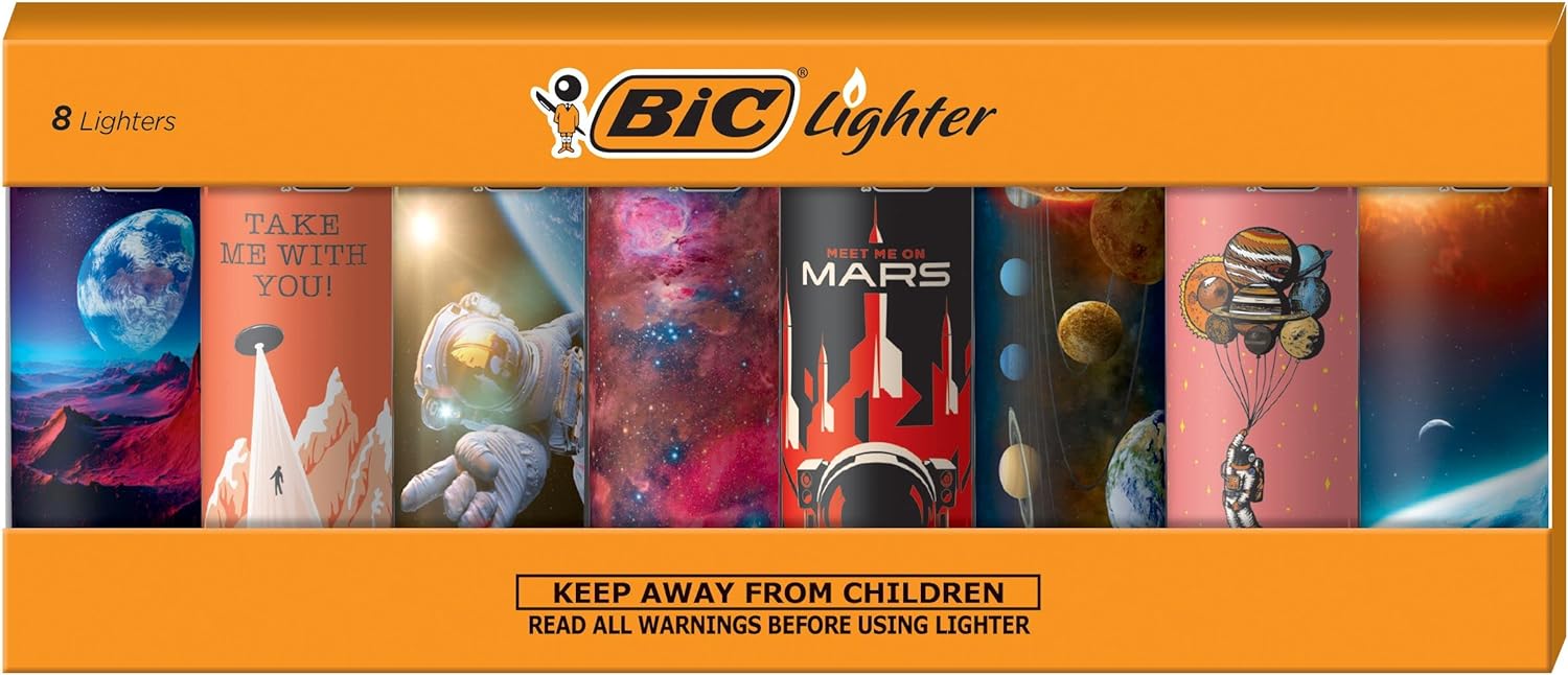 BIC Pocket Lighter, Special Edition Out of This World Collection, Assorted Unique Lighter Designs, 8 Count Pack of Lighters