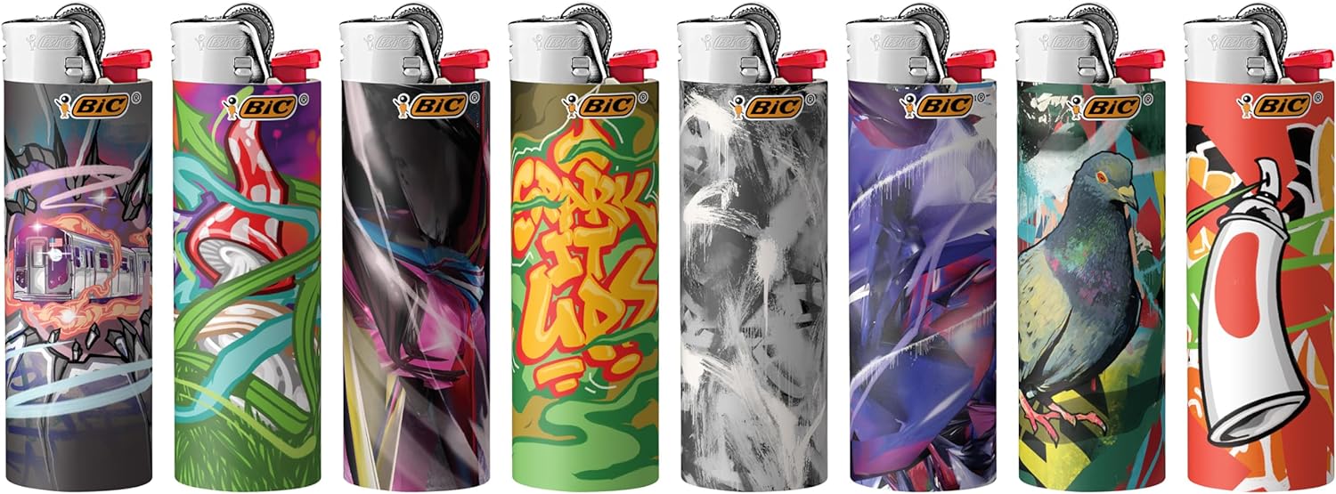 BIC Maxi Pocket Lighter, Special Edition Street Art Collection, Assorted Unique Lighter Designs, 8 Count Pack of Lighters