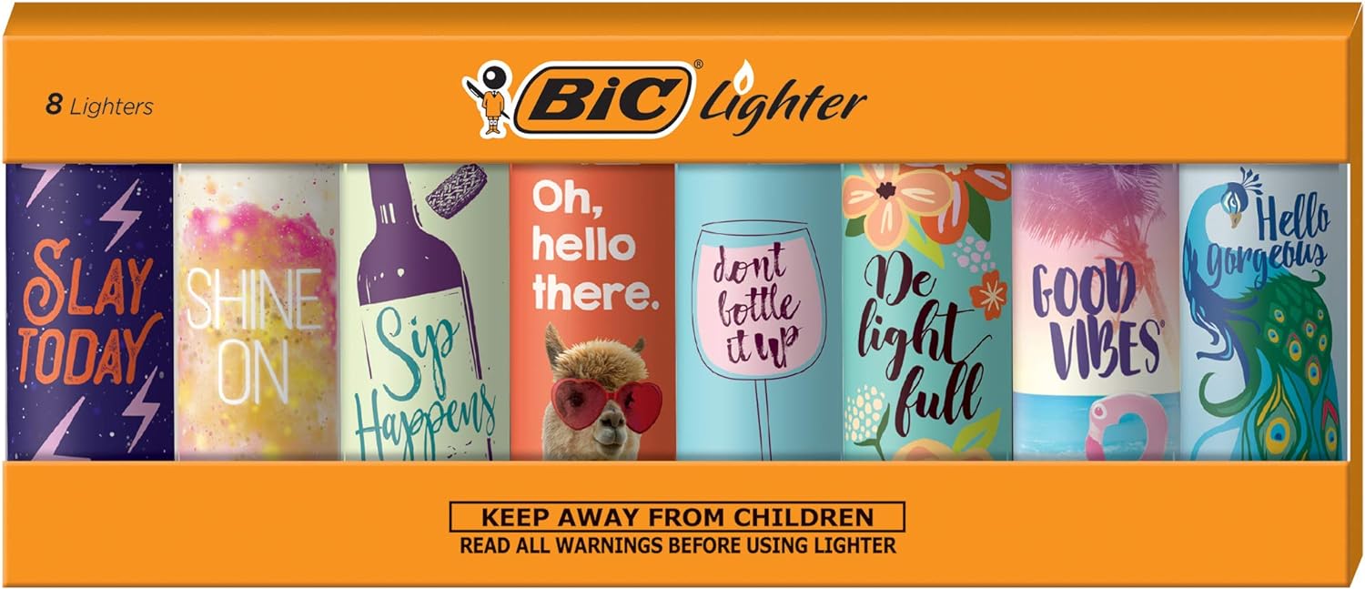 BIC Maxi Pocket Lighter, Special Edition Positive Affirmations Collection, Assorted Unique Lighter Designs, 8 Count Pack of Lighters