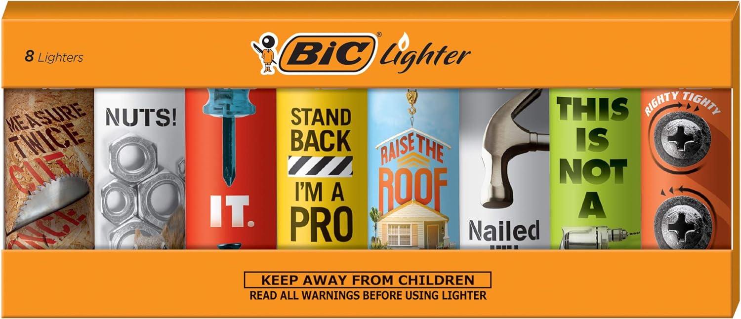 BIC Maxi Pocket Lighter, Special Edition Shop Talk Collection, Assorted Unique Lighter Designs, 8 Count Pack of Lighters