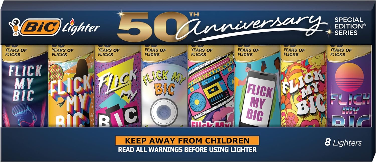 BIC Maxi Pocket Lighter, Special Edition Flick My BIC Collection, Assorted Unique Lighter Designs, 8 Count Pack of Lighters