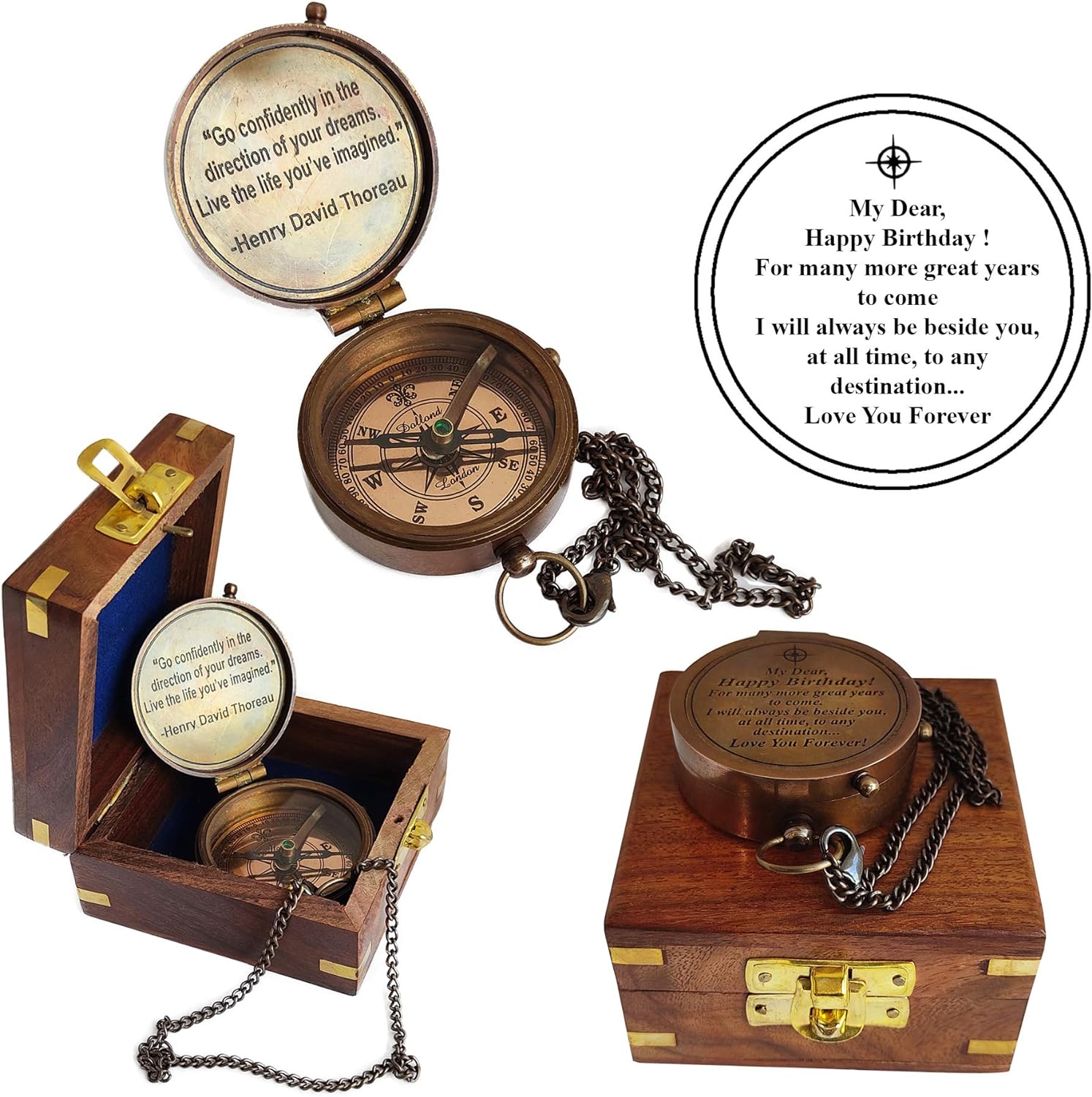PORTHO Compass with Chain & Wooden Box for Birthday Anniversary Unique Vintage Gift for Mom Dad Sister Brother Husband Women Men