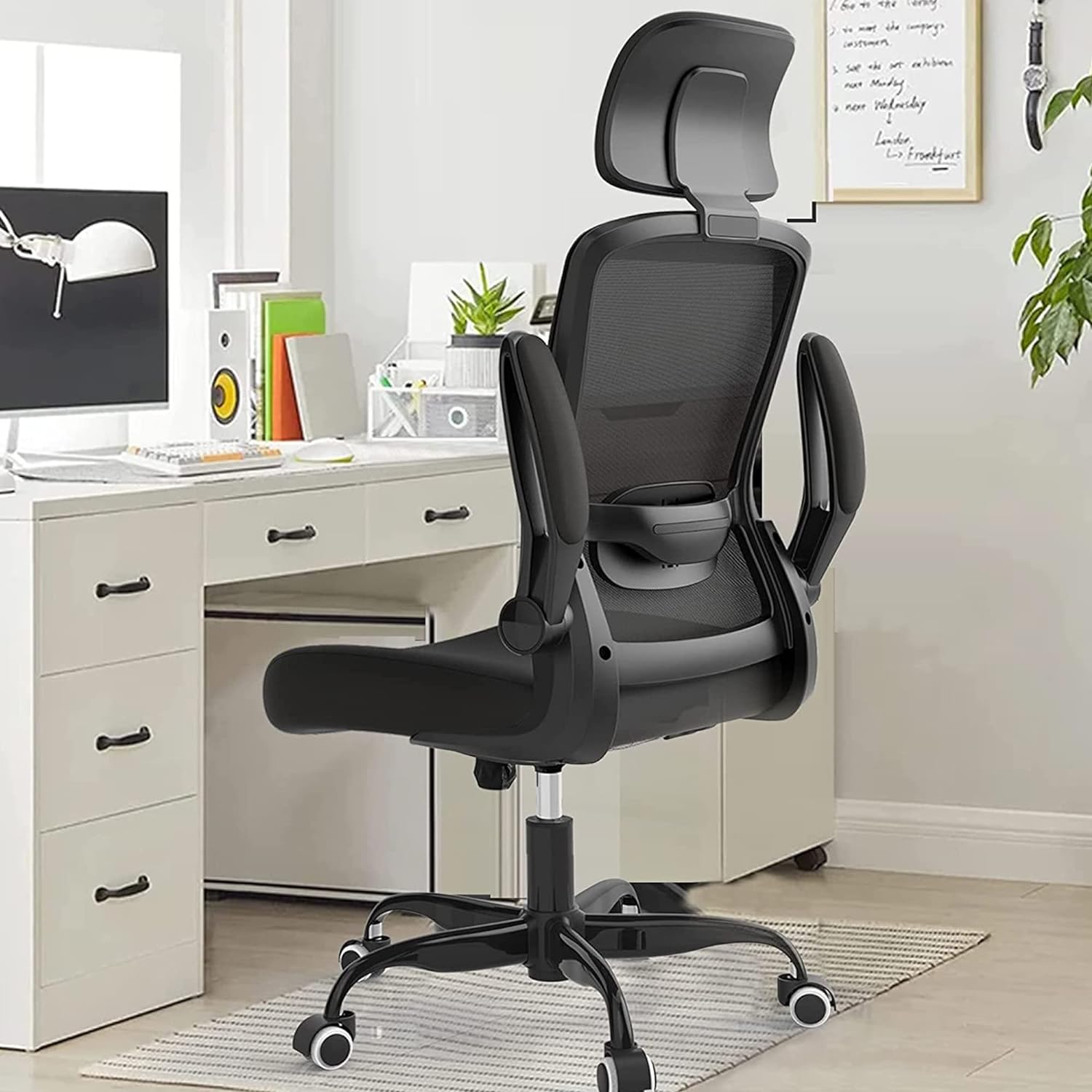 Ergonomic Office Chair, Home Office Desk Chair with Adjustable Headrest & Lumbar Support. High Back Mesh Computer Chair with Thickened Cushion &Flip-up Armrests,Task Chair (English, Black)