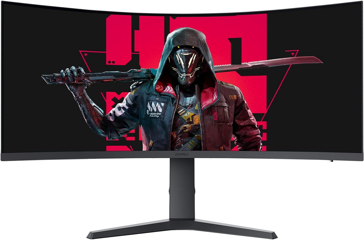 KOORUI 34 Inch Ultrawide Curved Gaming Monitor 165HZ, 1ms, 1000R, WQHD 3440 * 1440, 21:9, DCI-P3 90% Color Gamut, Adaptive Sync Compatible, Tilt/Height Adjustable Stand, HDMI, Display Port, Black