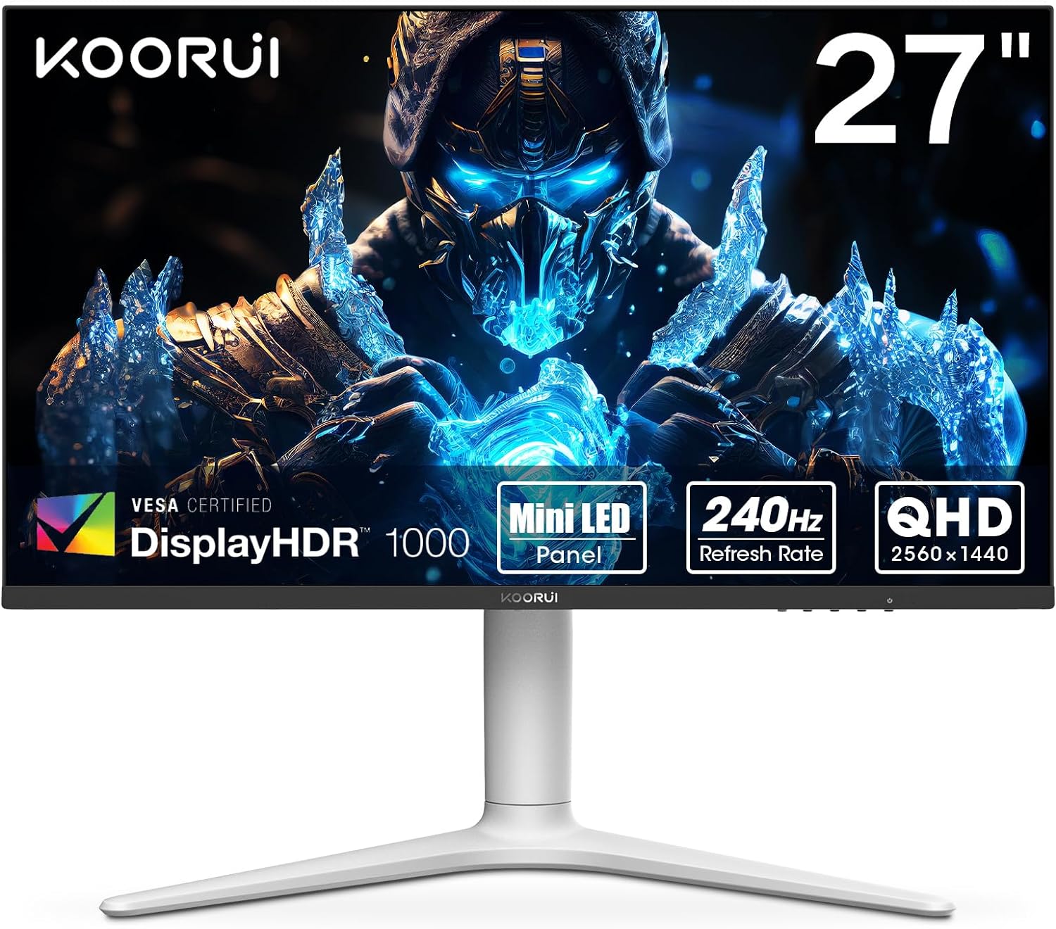 KOORUI GN10 27 Gaming Monitor, WQHD (2560 x 1440), 240HZ, Mini-LED, 95% DCI-P3 99% Adobe RGB 100% sRGB, Display HDR 1000, Tilt Pivot Swivel Height Adjustable, HDMI, DisplayPort, White/Grey