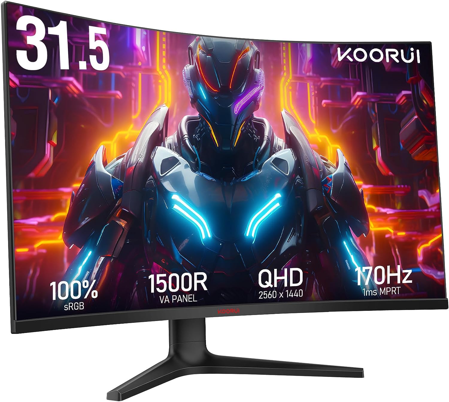 KOORUI 32 inch Curved Gaming Monitor - QHD (2560 x 1440) 2K Display, 170Hz 144Hz Monitor, 1500R Curvature, 1ms, HDR10, Adaptive Sync, Tilt Adjustable, DisplayPort HDMI, Black - GA01