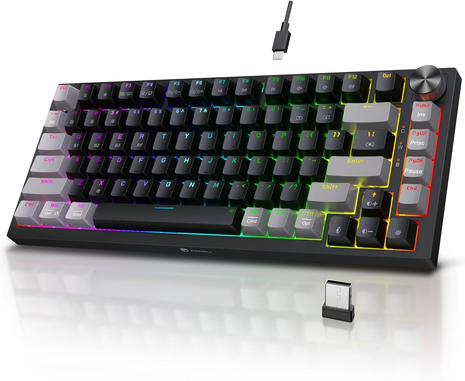 KOORUI Gaming Keyboards, 82 Keys Mechanical Keyboard 26 RGB Backlit Compatible Bluetooth/2.4Ghz/USB Rechargeable 4000mAh Battery with Brown Switch Gamer Keyboards for Windows MacOS Linux