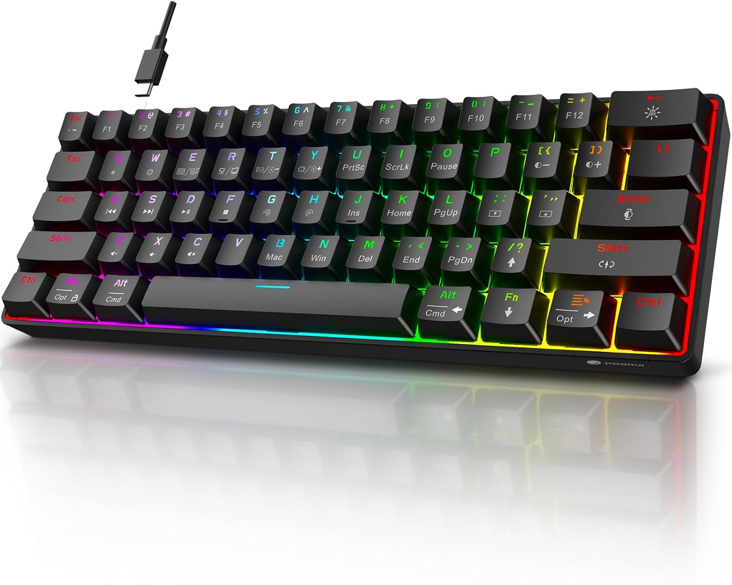 KOORUI 60% Gaming Keyboards, 61 Keys Wired Ultra-Compact Mechanical Keyboard 26 RGB Backlit with Red Switch Mini Keyboards for Windows MacOS Linux