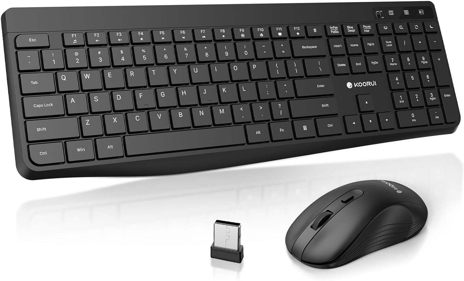 KOORUI Wireless Keyboard and Mouse Combos, 2.4G Silent Full Size Keyboard 3DPI Mouse for Windows MacOS Linux, 12 Multimedia and Shortcut Keys Desktop Computer/Laptop/PC-Black (Battery Not Included)