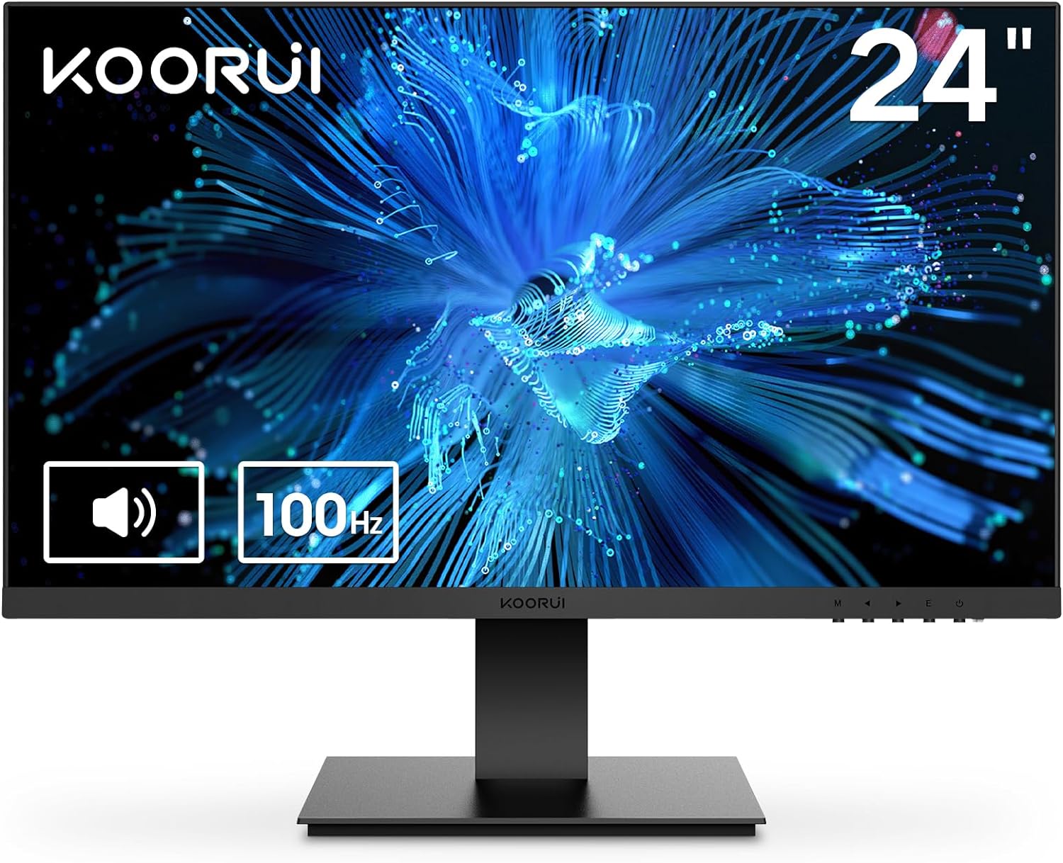 KOORUI 24 Inch Computer Monitor FHD 1920 x 1080p 100HZ, Built-in Speakers, Ultra-Slim Bezels, 75 x 75 mm VESA Mountable, Adjustable Tilt, HDMI, VGA, 3 Year Warranty, Black