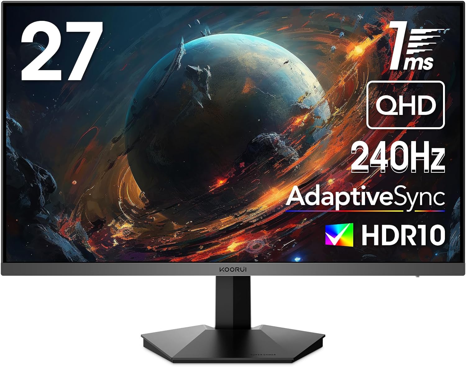 KOORUI Gaming Monitor, 27 inch WQHD 2560 x 1440 PC Computer Monitor, Up to 240Hz Refresh, 1ms, Adaptive Sync, HDR10, DCI-P3 90%, 144Hz Monitor, DisplayPort, HDMI, Tilt Adjustability, Black - GN05