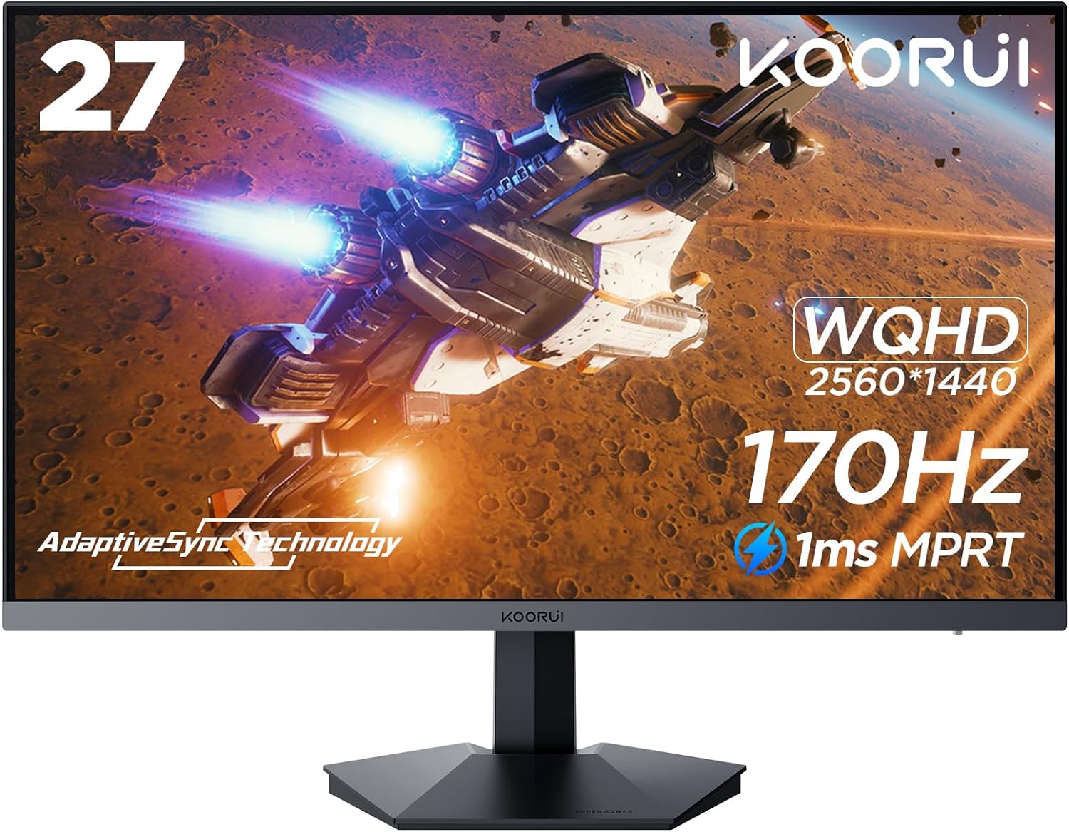 KOORUI 27 Inch WQHD Gaming Monitor, 2K 1440p Computer Monitor Up to 170Hz, 165Hz Monitors, 1ms,VA, Adaptive Sync, DCI-P3 90%, 1x DisplayPort & 2X HDMI, Tilt Adjustable, VESA Mountable, GN03