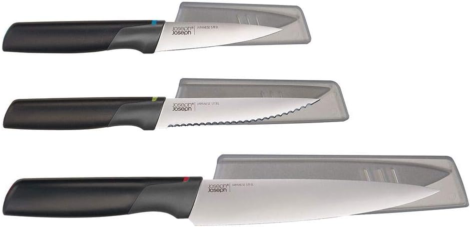 Joseph Joseph 3-Piece Elevate Knife Set with Ergonomic handles. Kitchen Paring, Serrated & Chef' knife with storage sheaths, knives made from Japanese Stainless-steel