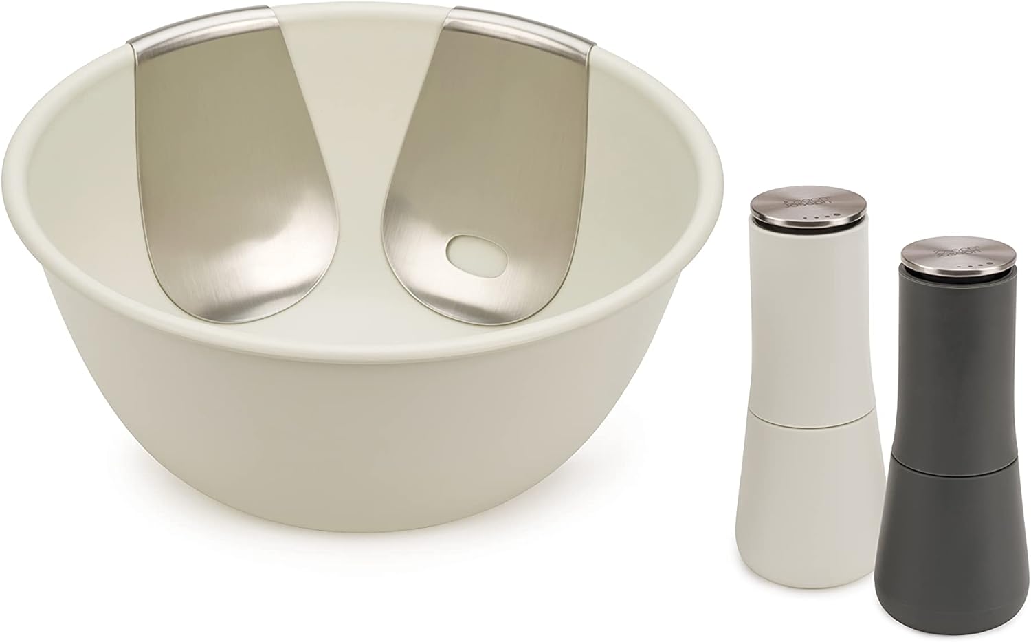 Joseph Joseph Serve It in Style Set with Salad Bowl, Stainless Steel Servers and Milltop Non-Spill Salt and Pepper Mills