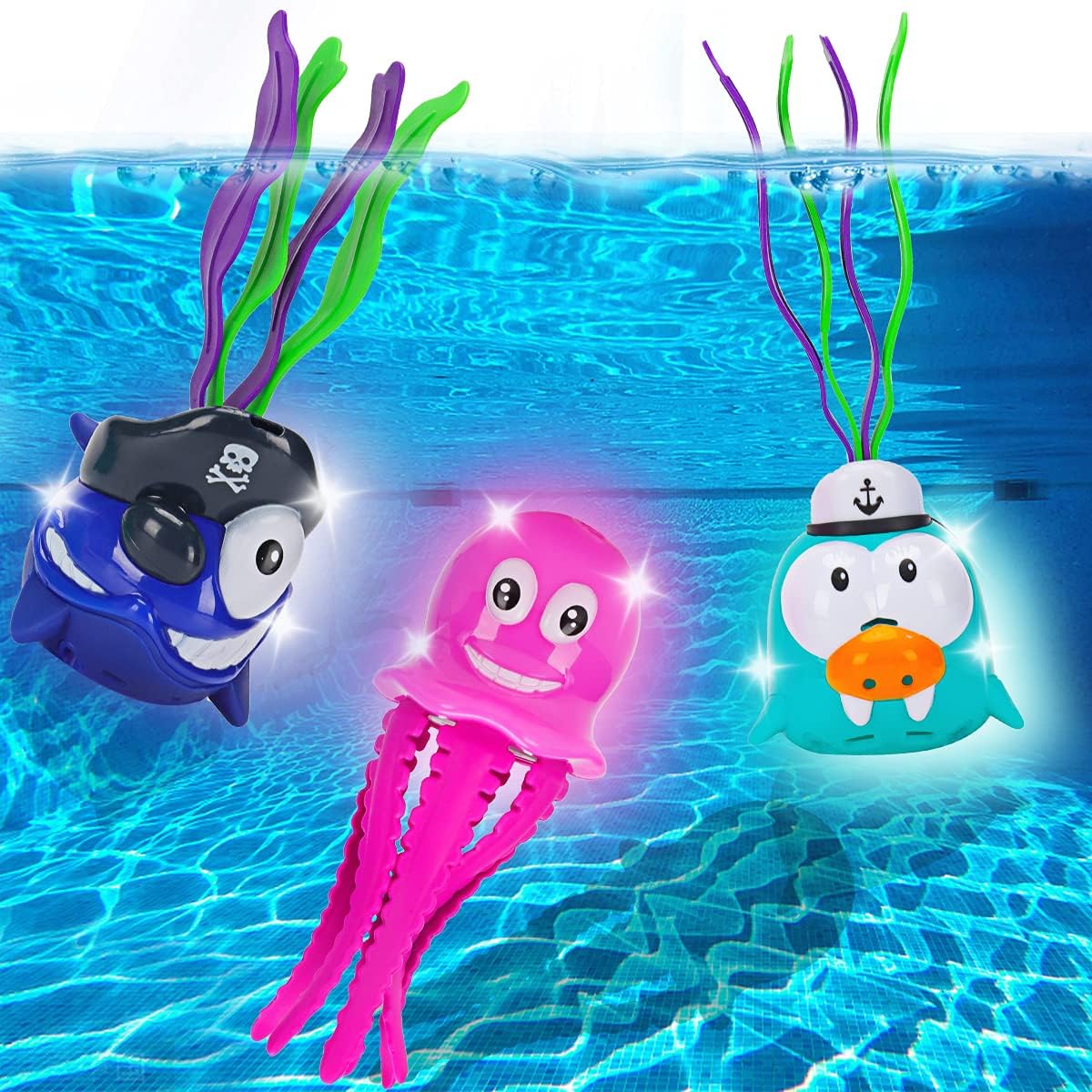 Bath Toys for Kids Ages 4-8, Wind Up Toys for Toddlers Age 2-4, Preschool Diving Pool Toys for Kids 3-10, Baby Toddlers Bathtub Water Toys(3 Packs Light Up Animals Toys) Birthday Gifts