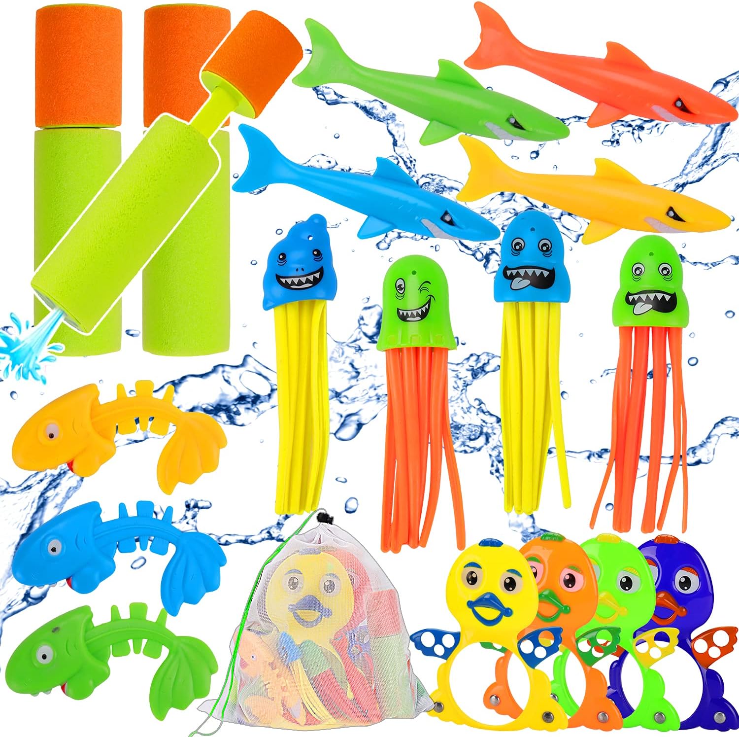 Diving Pool Toys for Kids Water Toys Toddlers Pool Toys for Kids 3-10 with Mesh Bag Outside Toys Age 4-8 8-12 Boys Girls 18pcs Swimming Games Toys (Dive Ring,Water Blaster,Shark Torpedo,Octopus,Fish)