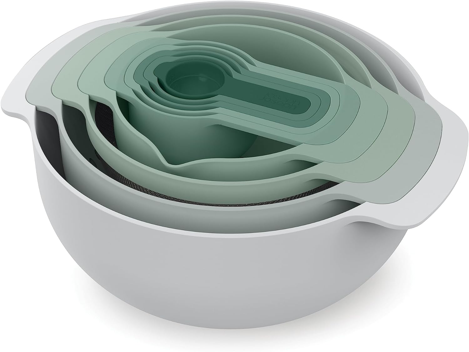 Joseph Joseph Nest 9 Plus, 9 Piece Compact Food Preparation Set with Mixing Bowls, Measuring cups, Sieve and Colander, Editions Range, Polypropylene, Stainless steel, Sage Green