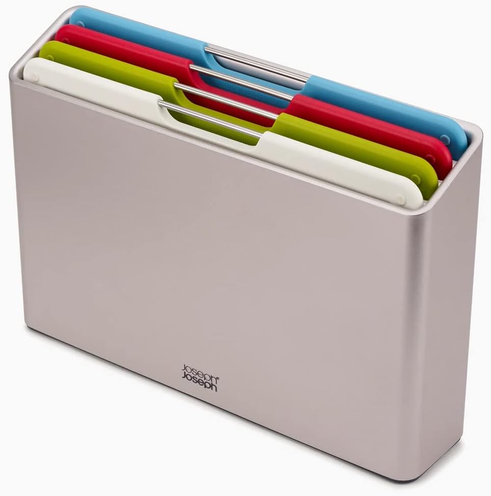 Joseph Joseph 60187 Folio Plastic Cutting Board Set with Storage Case Color-Coded Easy-Access Design Dishwasher Safer Non-Slip, Small, Silver