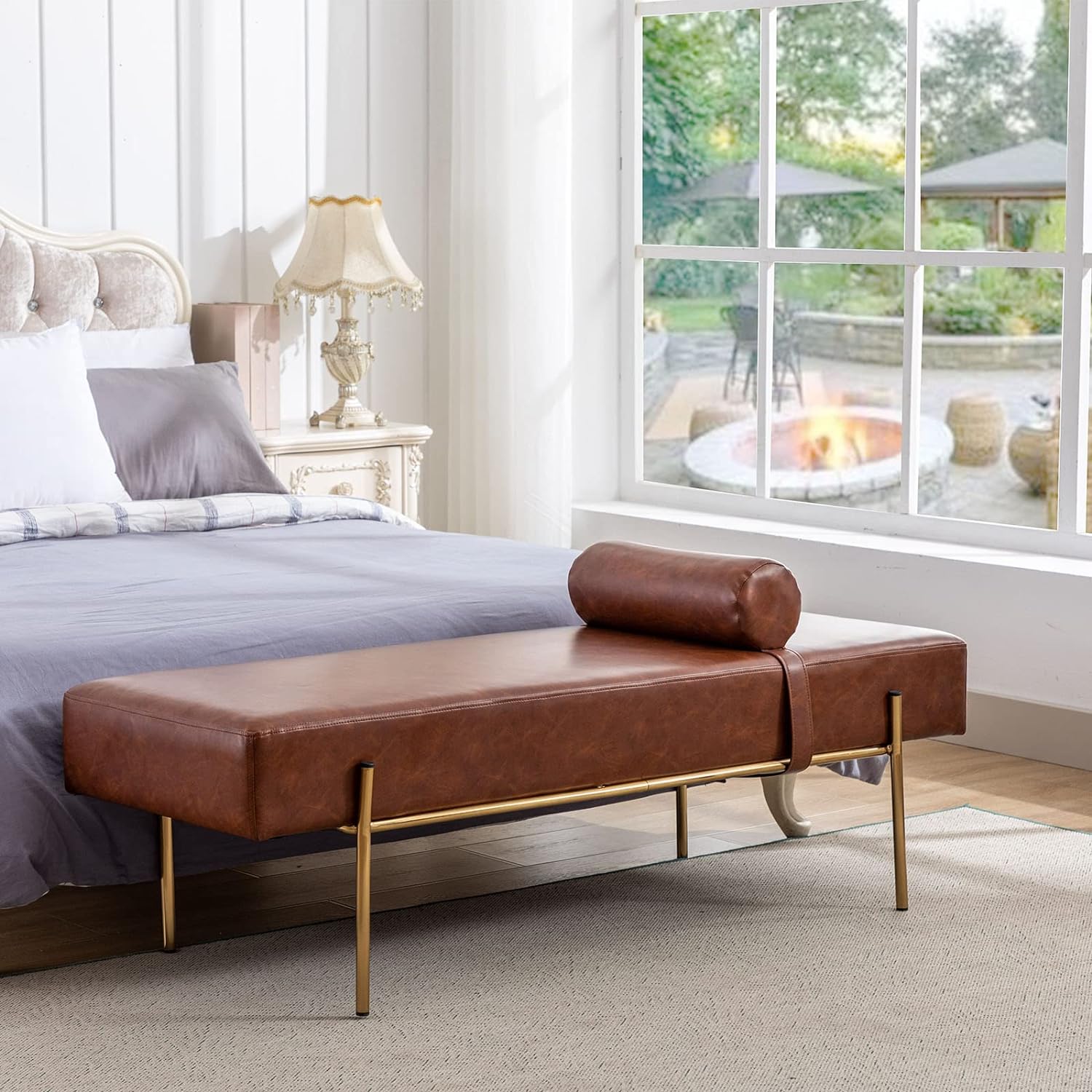 ZSARTS Brown Leather End of Bed Bench, 55 Modern Upholstered Bedroom Bench with Gold Legs Long Ottoman Bench Window Extra Seating for Living Room Foyer Indoor Entryway (Brown)