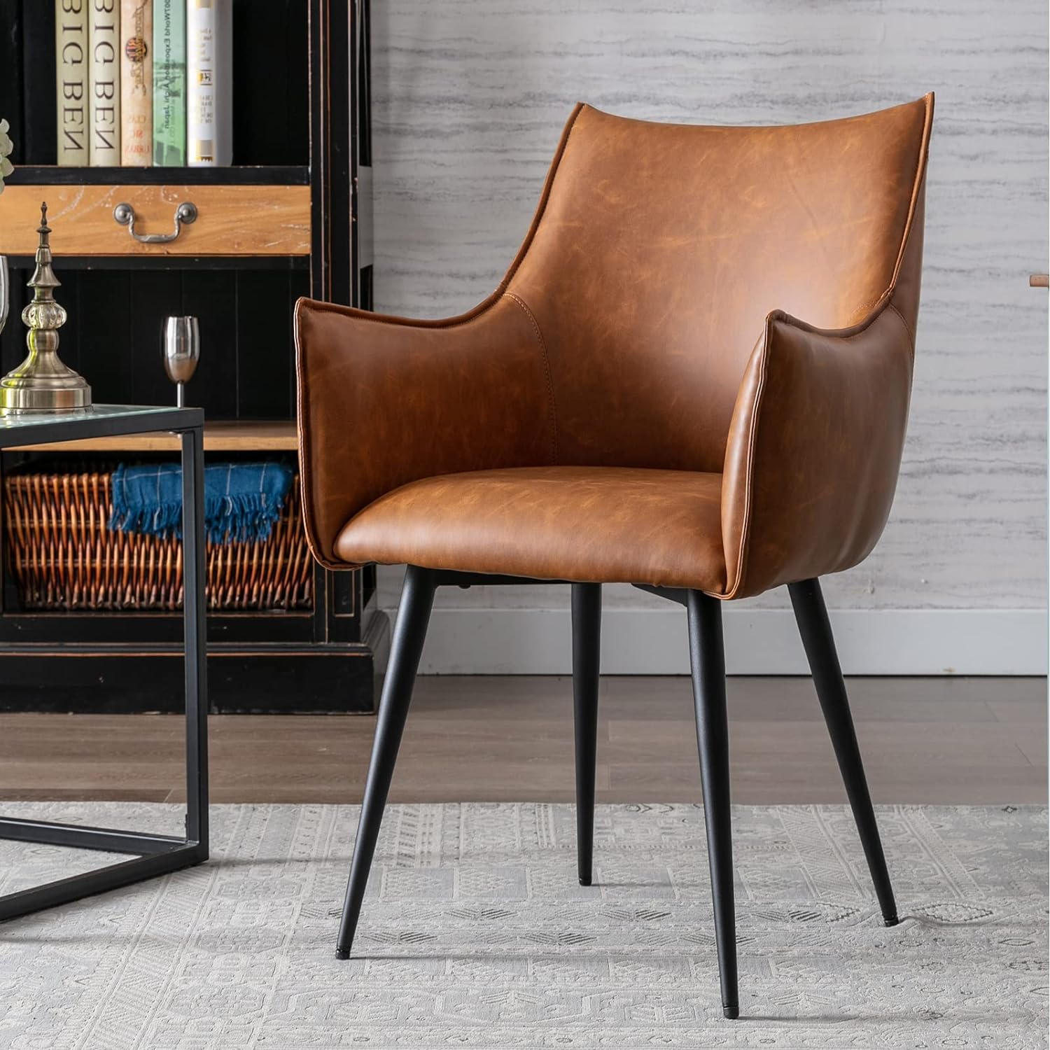 ZSARTS Brown Leather Dining Chair Modern Accent Chair Armchair Comfy Upholstered Living Room Chair Side Chair Desk Chair with Metal Legs for Kitchen Bedroom Small Corner,Brown