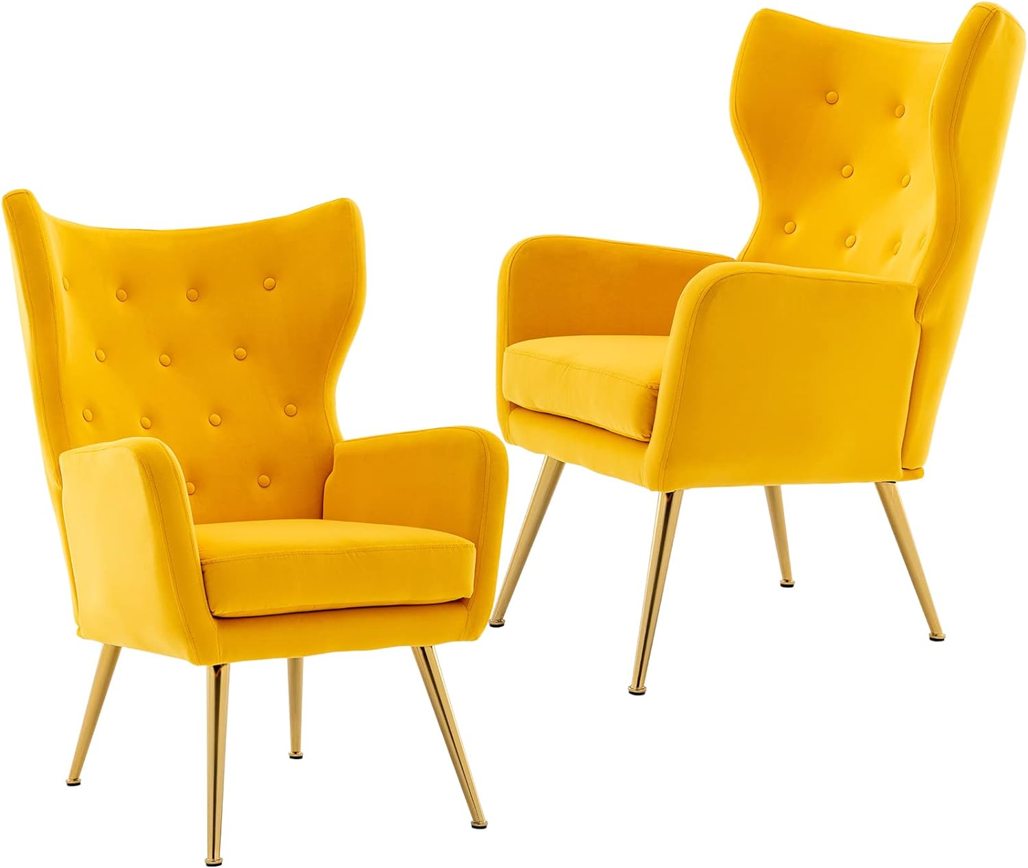 ZSARTS Yellow Velvet Gold Accent Chairs Set of 2, Upholstered High Wingback Chairs Modern Tufted Armchairs Side Chairs for Living Room Bedroom Apartment Waiting Room