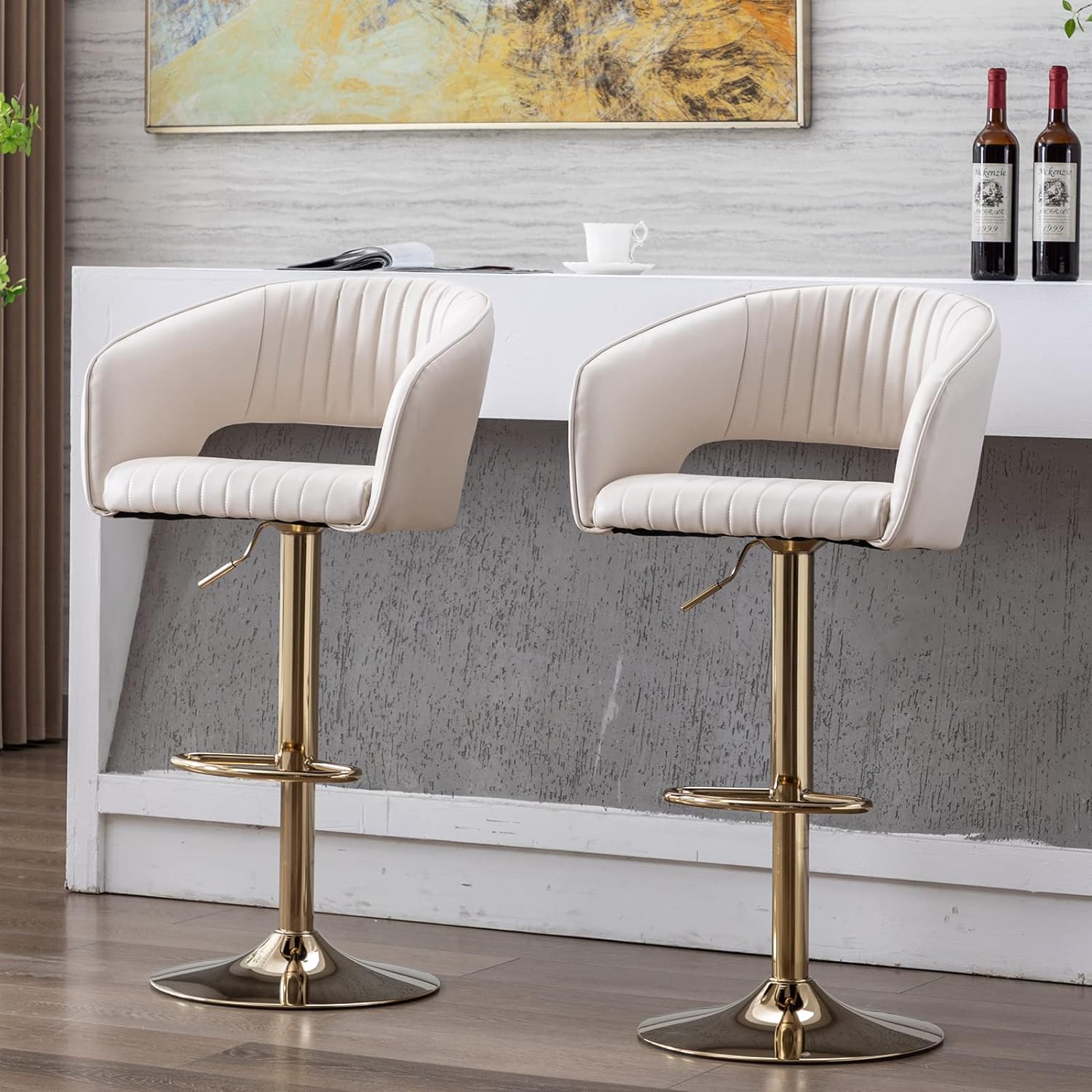 ZSARTS Cream Bar Stools Set of 2, Faux Leather Swivel Barstools with Back Modern Adjustable Upholstered Counter Bar Chairs with Gold Footrest for Pub Island Dining Room, Cream