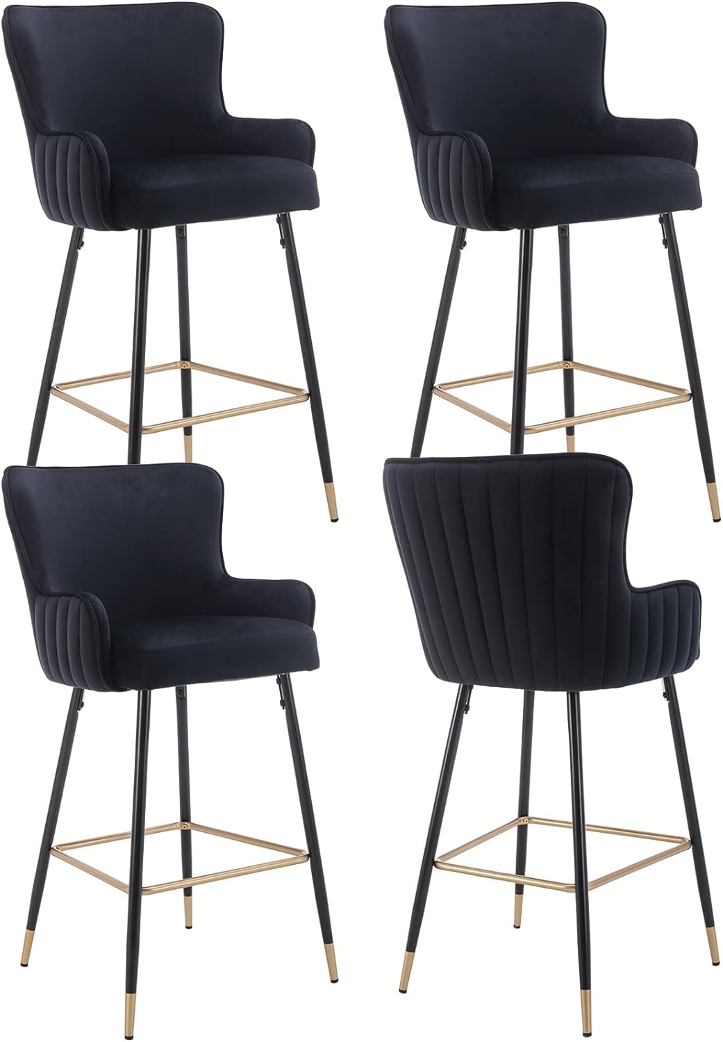 ZSARTS Black Velvet Bar Stools Set of 4, 30 Gold Barstools Modern High Bar Chairs with Wingback Upholstered Kitchen Island Stools with Footrest for for Home Bar Dining Room Pub (Black)