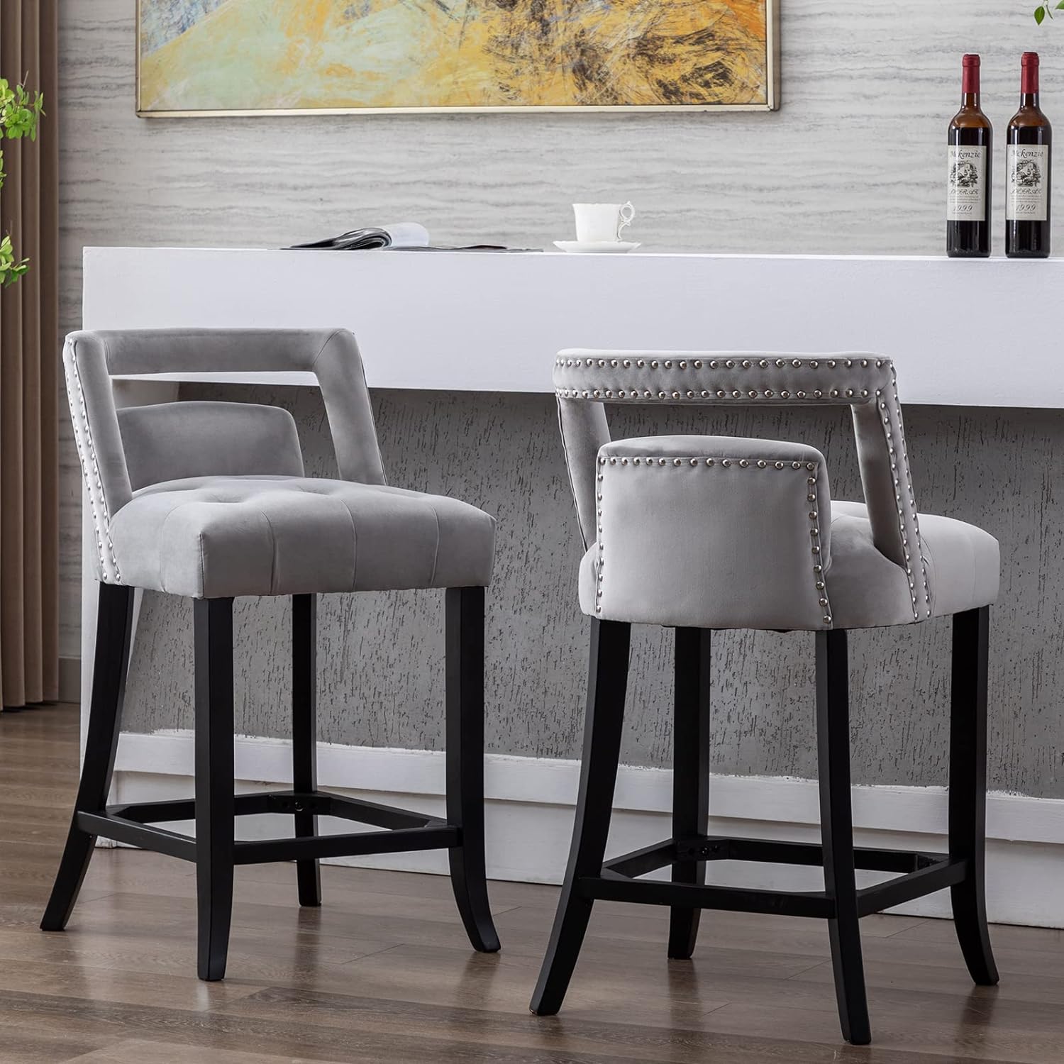 ZSARTS 26 Inch Counter Height Bar Stools Set of 2, Grey Velvet Barstools with Nailhead Back Upholstered Kitchen Island Stools with Wood Legs and Footrest for Home Bar Dining Room Pub (Grey)