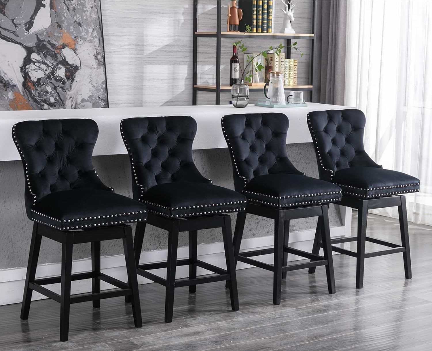 ZSARTS Black Velvet Barstools Set of 4, Modern 27 Swivel Counter Height Bar Stools with Wing Back Upholstered Kitchen Island Chairs with Wood Legs and Footrest for Home Bar Dining Room Pub(Black)