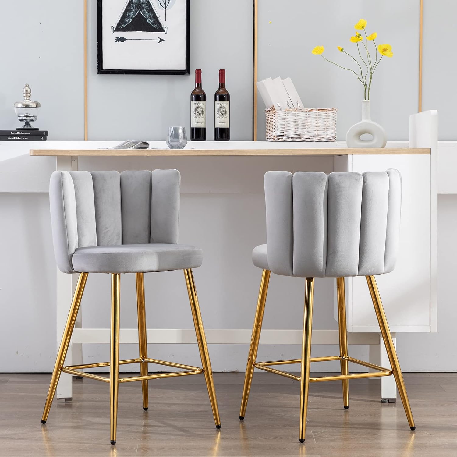 ZSARTS Grey Velvet Bar Stools Set of 2, 26 Modern Gold Counter Height Barstools with Back Upholstered Kitchen Island Chairs with Gold Metal Legs for Bar Kitchen Island Bar Pub(Grey)