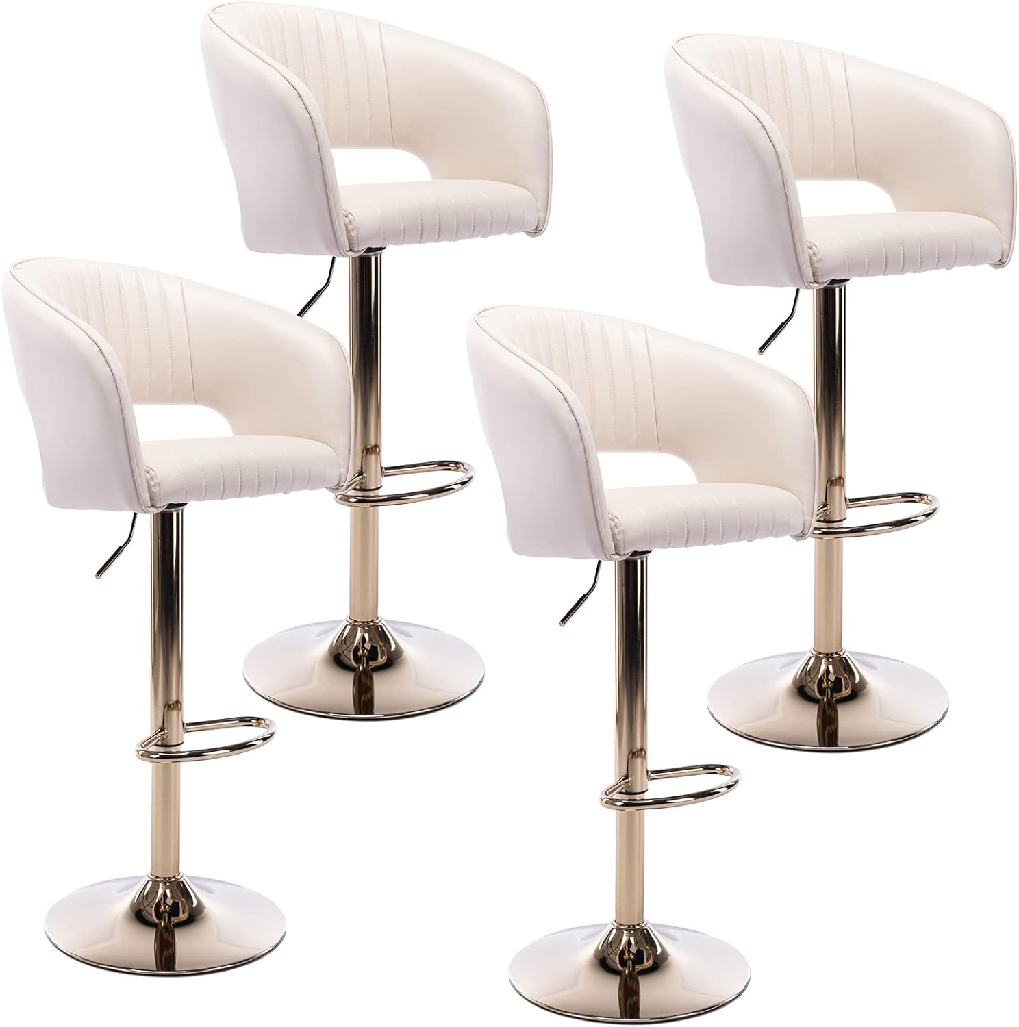 ZSARTS Cream Bar Stools Set of 4, Faux Leather Swivel Barstools with Back Modern Adjustable Upholstered Counter Bar Chairs with Gold Footrest for Pub Island Dining Room, Cream