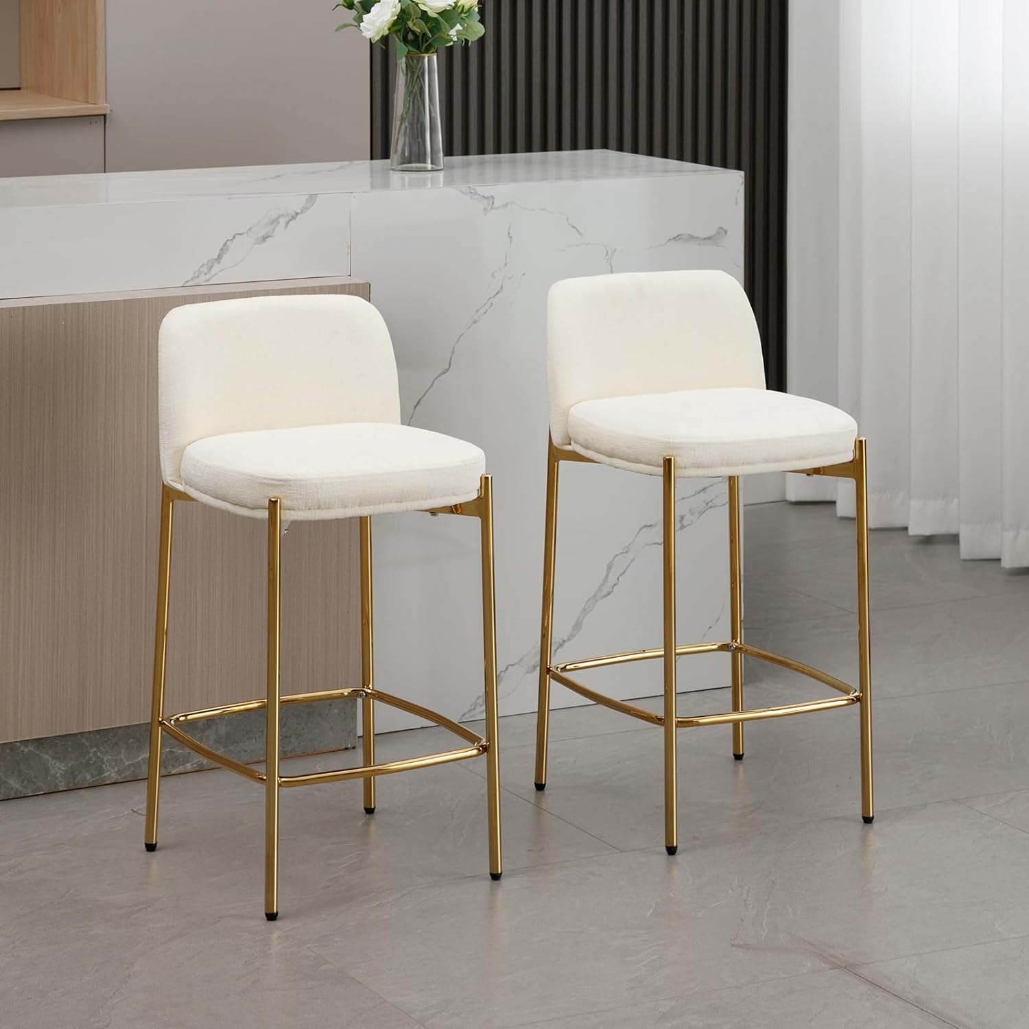 ZSARTS Beige Chenille Counter Height Bar Stools Set of 2, 26'' Modern Gold Legs Bar Stools with Backrest Kitchen Island Chairs for Kitchen/Home Bar/Restaurant, Beige Chenille