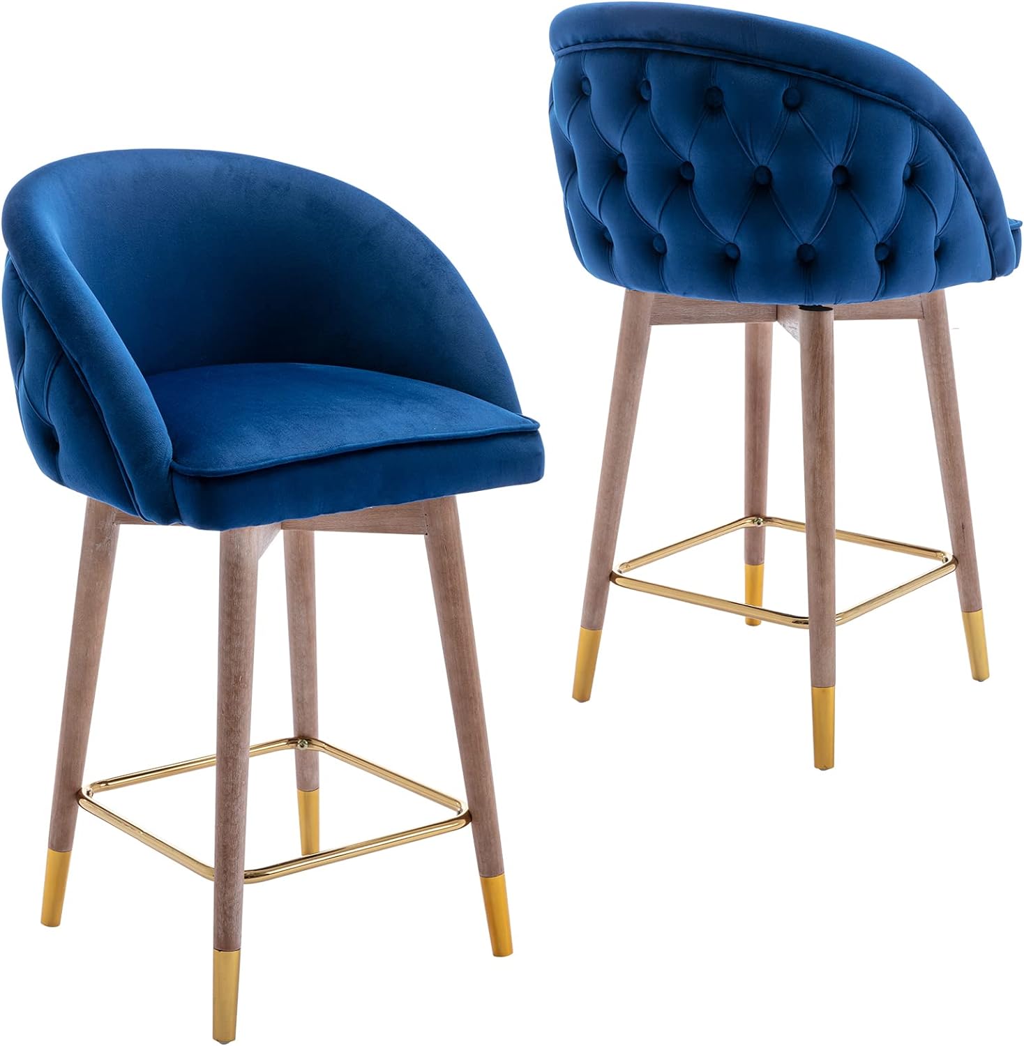 ZSARTS Velvet Counter Height Bar Stools Set of 2, 26 Swivel Wooden Barstools Tufted Button Back Upholstered Kitchen Island Stools with Wood Legs and Gold Footrest for Pub Home Bar Dining Room, Blue