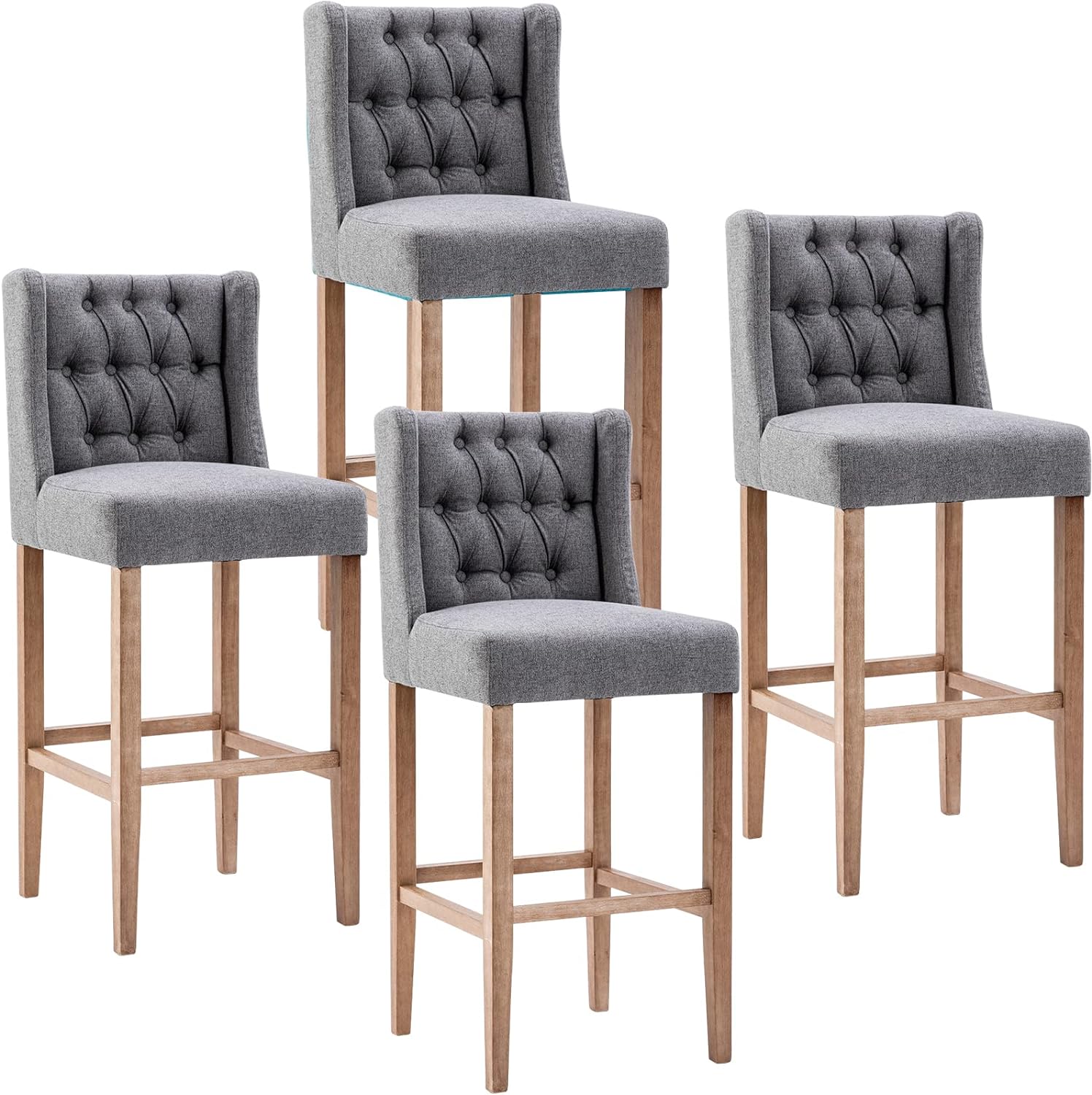 ZSARTS Upholstered Bar Stools Set of 4, 32 Inch High Bar Chairs with Back Tufted Modern Barstools for Kitchen Island with Wood Legs for Home Bar Dining Room(Grey)