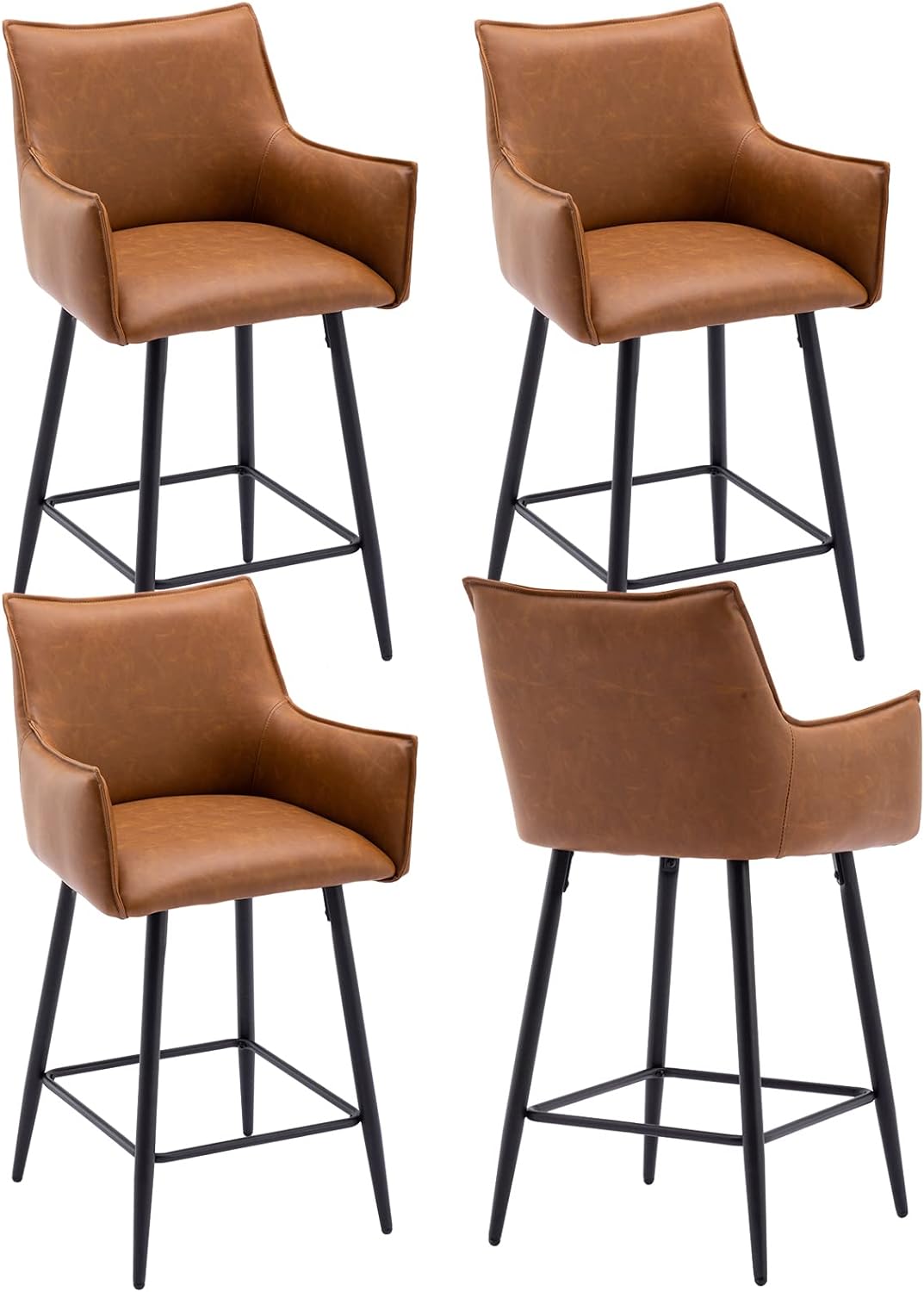 ZSARTS 26 Brown Bar Stools Set of 4, Modern Faux Leather Counter Height Barstools Upholstered Kitchen Chairs with Legs and Footrest for Home Bar Dining Room Pub (Brown)