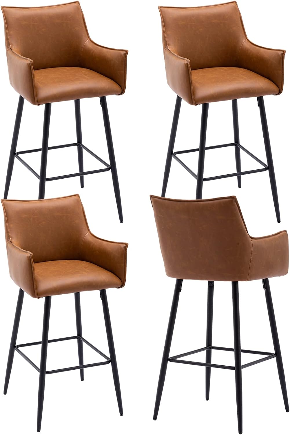 ZSARTS 30 Brown Bar Stools Set of 4, Modern Faux Leather High Back Barstools Upholstered Kitchen Island Chairs with Legs and Footrest for Home Bar Dining Room Pub (Brown)