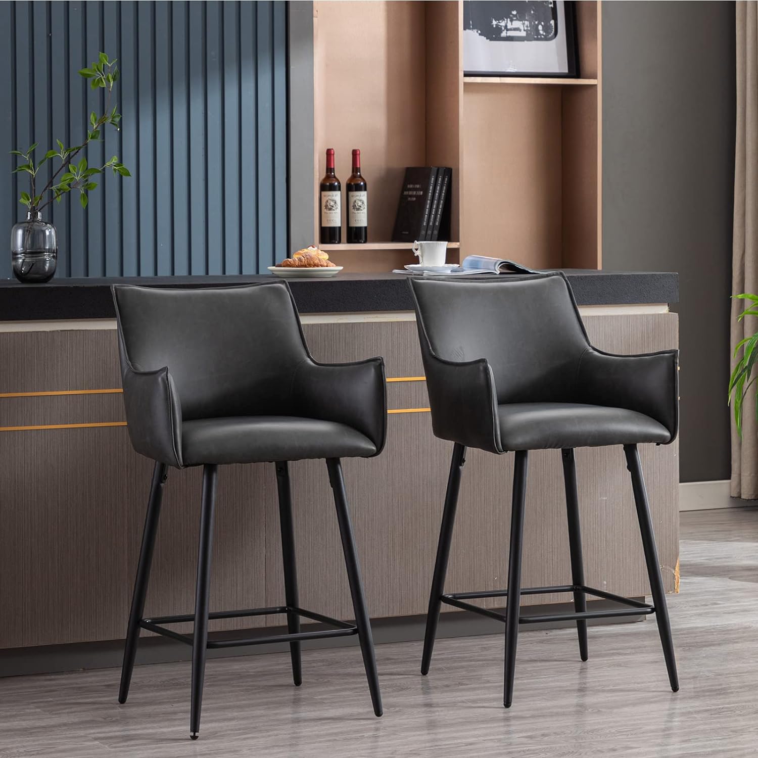 ZSARTS 26 Grey Bar Stools Set of 2, Modern Faux Leather Counter Height Barstools Upholstered Kitchen Chairs with Legs and Footrest for Home Bar Dining Room Pub (Grey)