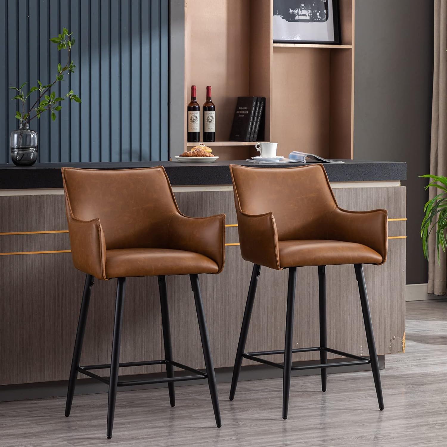 ZSARTS 26 Brown Bar Stools Set of 2, Modern Faux Leather Counter Height Barstools Upholstered Kitchen Chairs with Legs and Footrest for Home Bar Dining Room Pub (Brown)