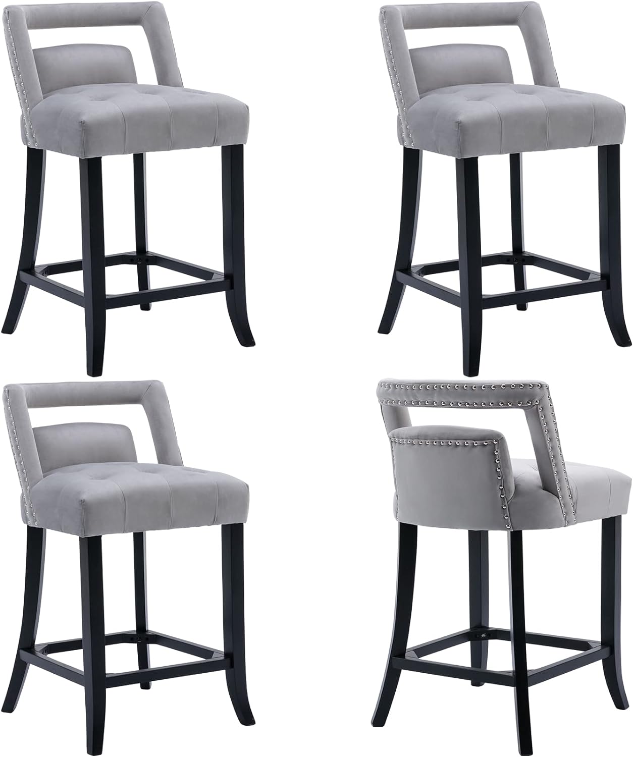 ZSARTS Grey Velvet Bar Stools Set of 4, 26 Counter Height Bar Stools with Back Upholstered Kitchen Island Stools High Dining Chairs with Wood Legs and Footrest for Home Bar Dining Room Pub (Grey)