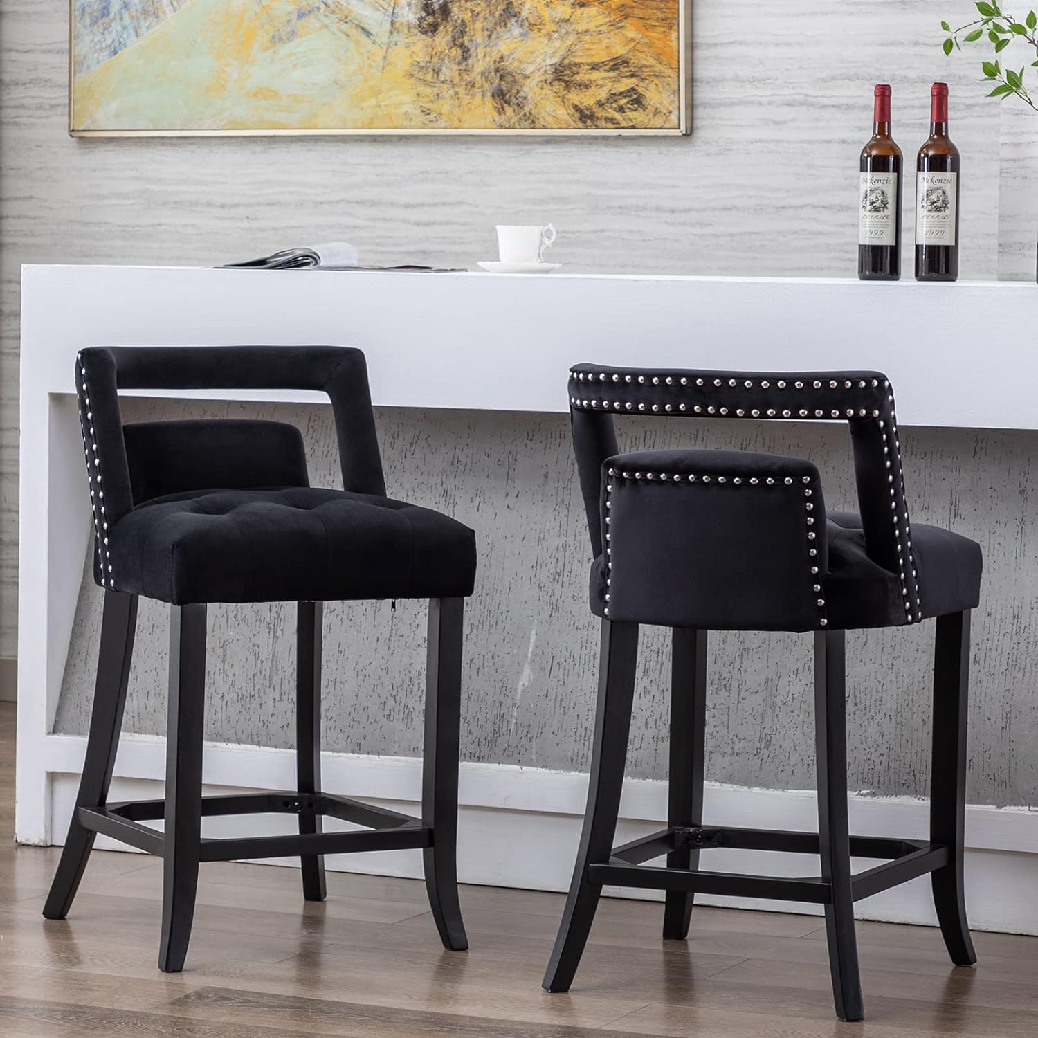 ZSARTS 26 Inch Counter Height Bar Stools Set of 2, Black Velvet Barstools with Nailhead Back Upholstered Kitchen Island Stools with Wood Legs and Footrest for Home Bar Dining Room Pub (Black)