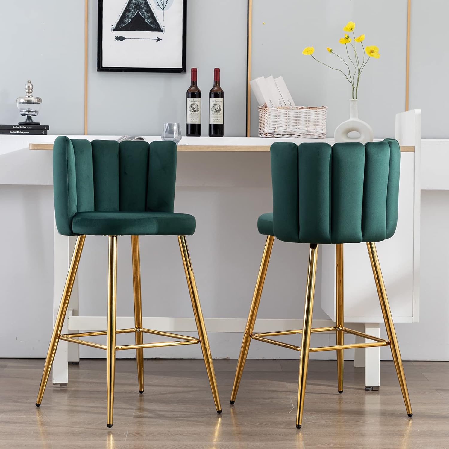 ZSARTS Green Velvet Bar Stools Set of 2, 30 Modern Gold Counter Height Barstools with Back Upholstered Kitchen Island Chairs with Gold Metal Legs for Bar Kitchen Island Bar Pub(Green)