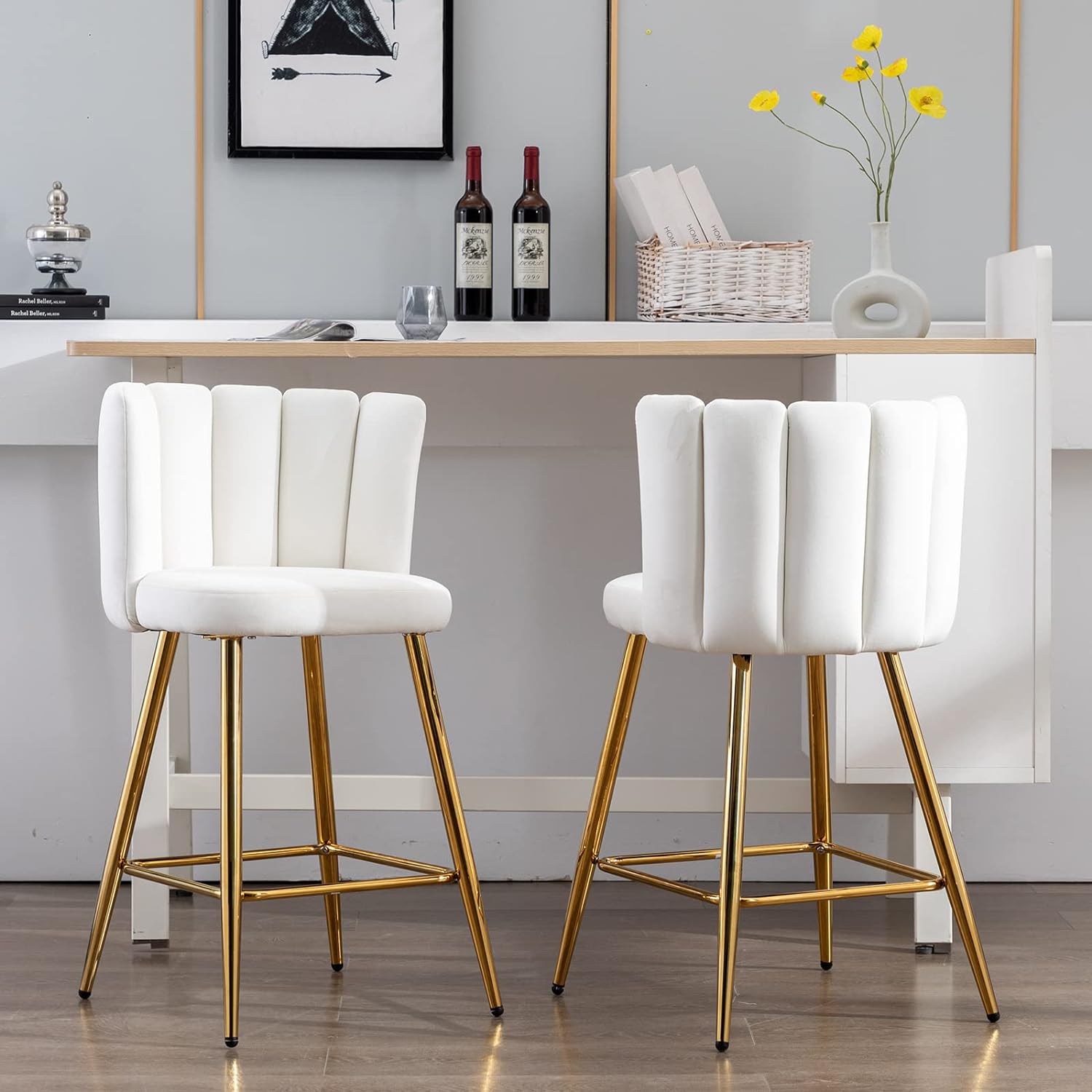 ZSARTS Cream Velvet Bar Stools Set of 2, 26 Modern Gold Counter Height Barstools with Back Upholstered Kitchen Island Chairs with Gold Metal Legs for Bar Kitchen Island Bar Pub(Cream)